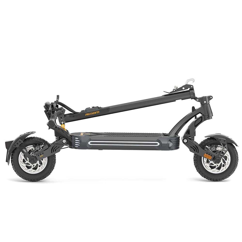 Folded Ausom SR1 Trottinette électrique with 1000W dual brushless motors, 52V 20.8Ah battery, 10-inch pneumatic tires, and up to 41 mph speed.