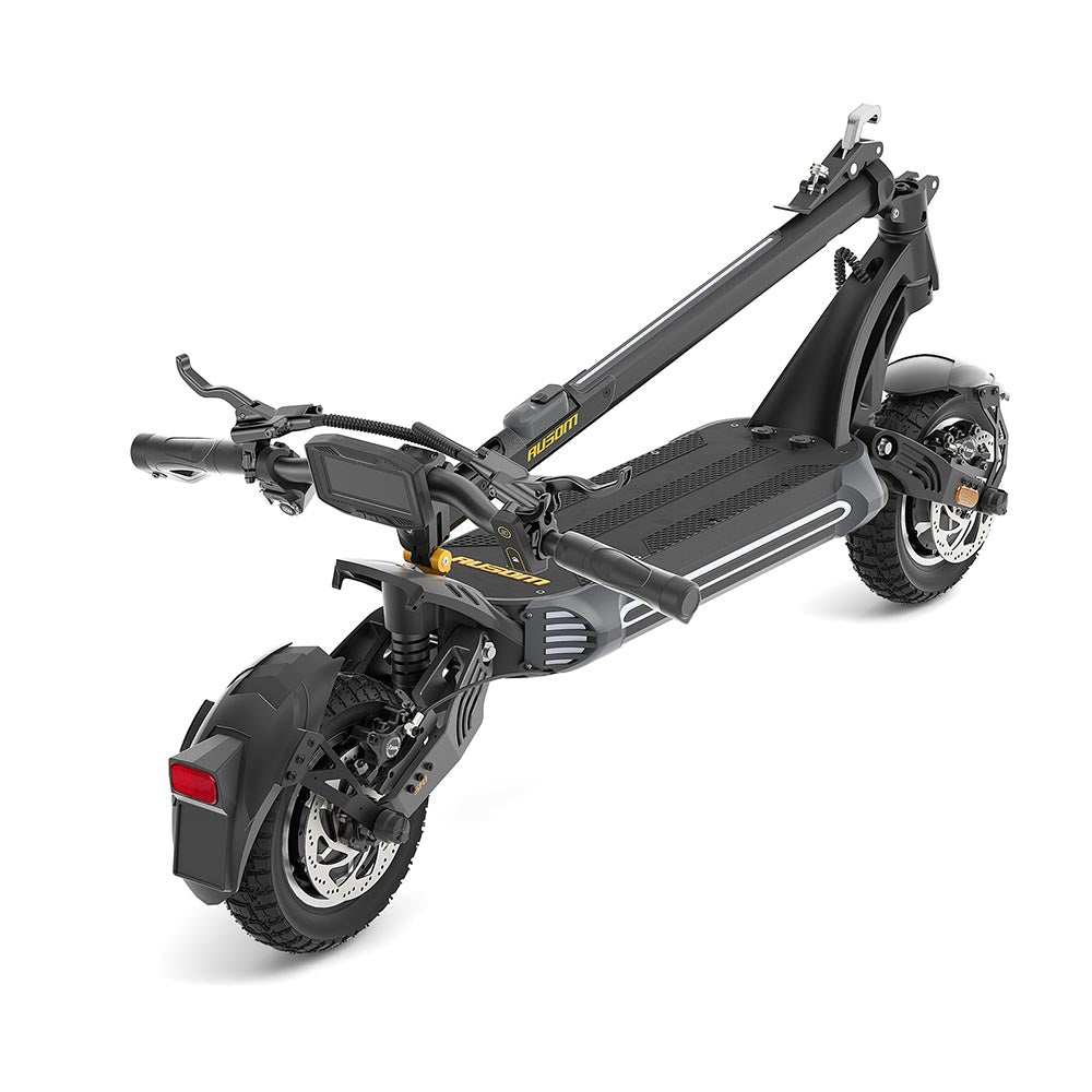 Folded Ausom SR1 electric scooter with dual 1000W motors, 52V battery, large pneumatic tires, and rear disc brake.