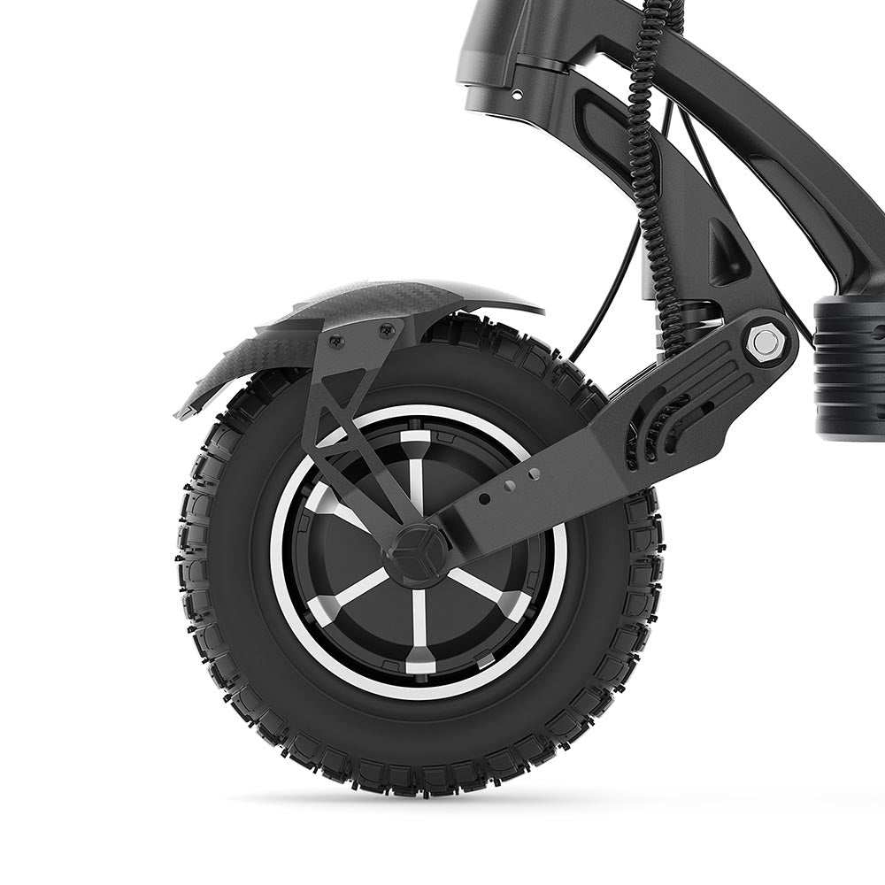 Close-up of the rear wheel and suspension of the Ausom SR1 Trottinette électrique electric scooter with pneumatic tire and motor hub.