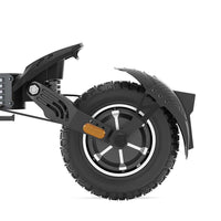 Close-up of the rear wheel with 10"x3" pneumatic tire and suspension of the Ausom SR1 Trottinette électrique electric scooter