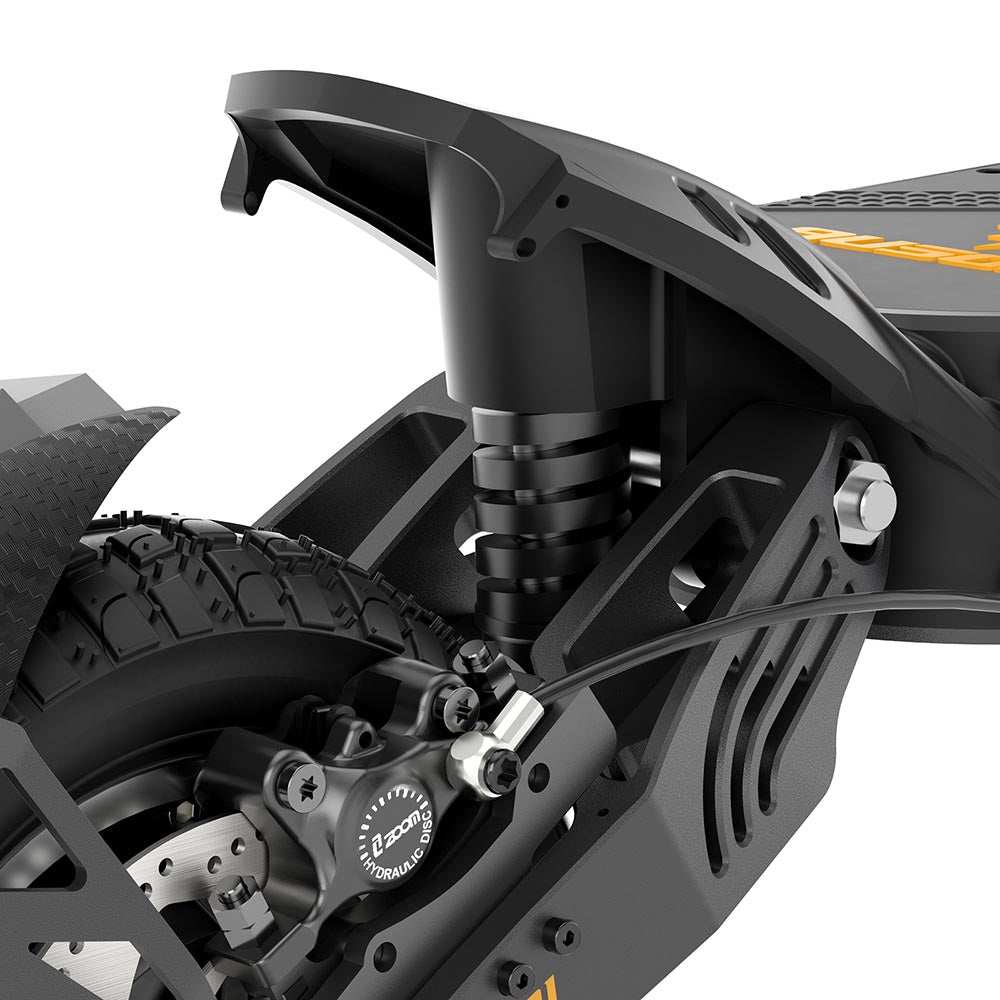 Close-up of Ausom SR1 Trottinette électrique rear suspension and brake system with 10"x3" pneumatic rubber tire.