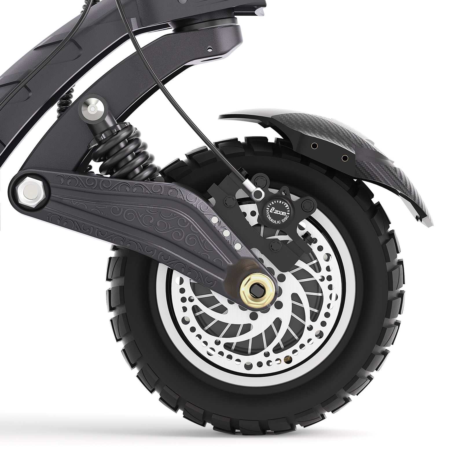 Close-up of Ausom F1 Max Trottinette électrique front wheel with suspension and disc brake on 10"x3" pneumatic tire