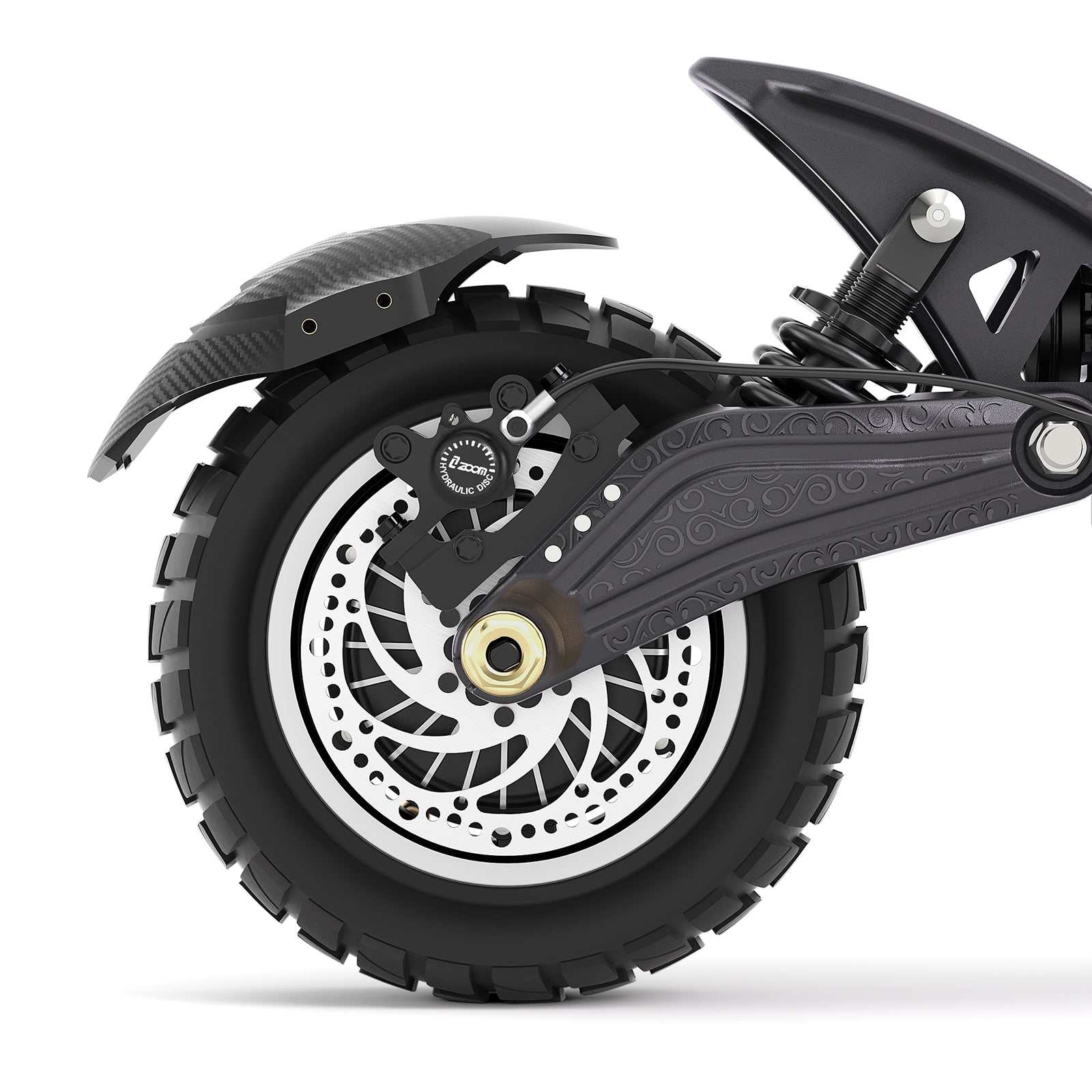 Close-up of Ausom F1 Max Trottinette électrique rear wheel with 10"x3" pneumatic tire and suspension system