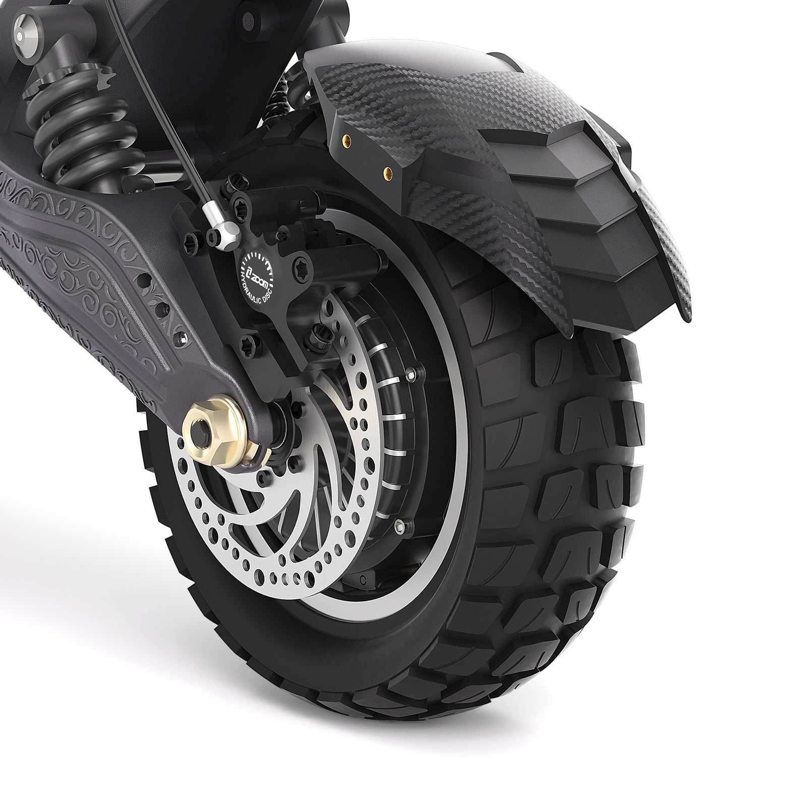 Close-up of Ausom F1 Max Trottinette électrique rear wheel with 10"x3" pneumatic rubber tire and disc brake system.