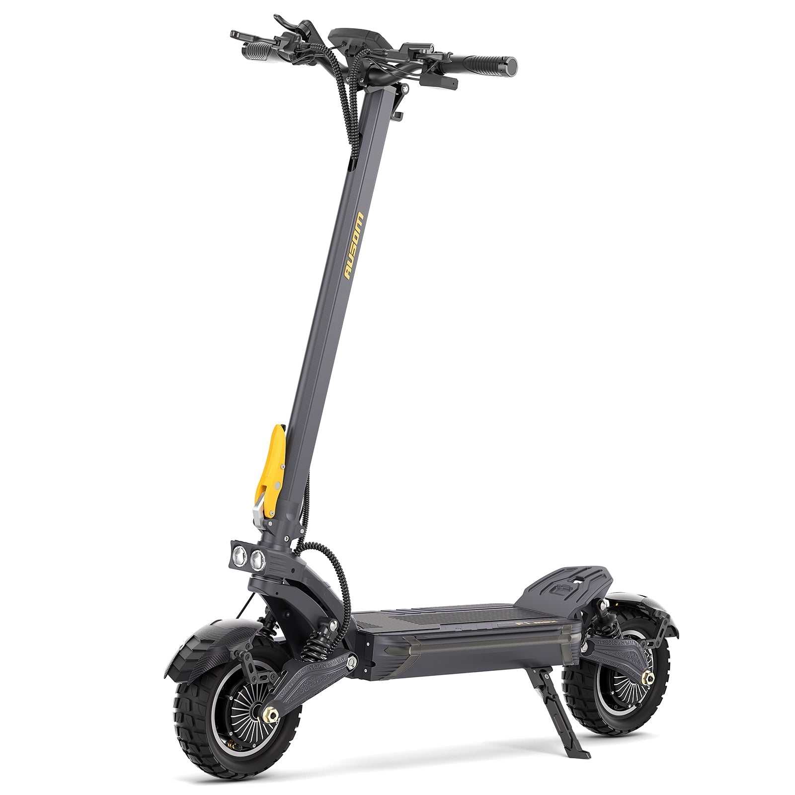 Ausom F1 Max electric scooter with 60V 20.8Ah battery, dual 1400W brushless motors, 62 miles range, 45 mph max speed, and 10"x3" pneumatic tires.
