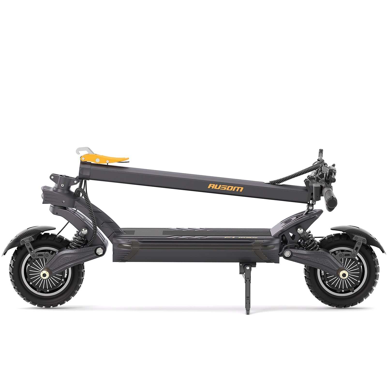 Folded Ausom F1 Max electric scooter with 60V 20.8Ah battery, dual 1400W brushless motors, 62 miles range, 45 mph top speed, and 10x3 inch pneumatic tires.