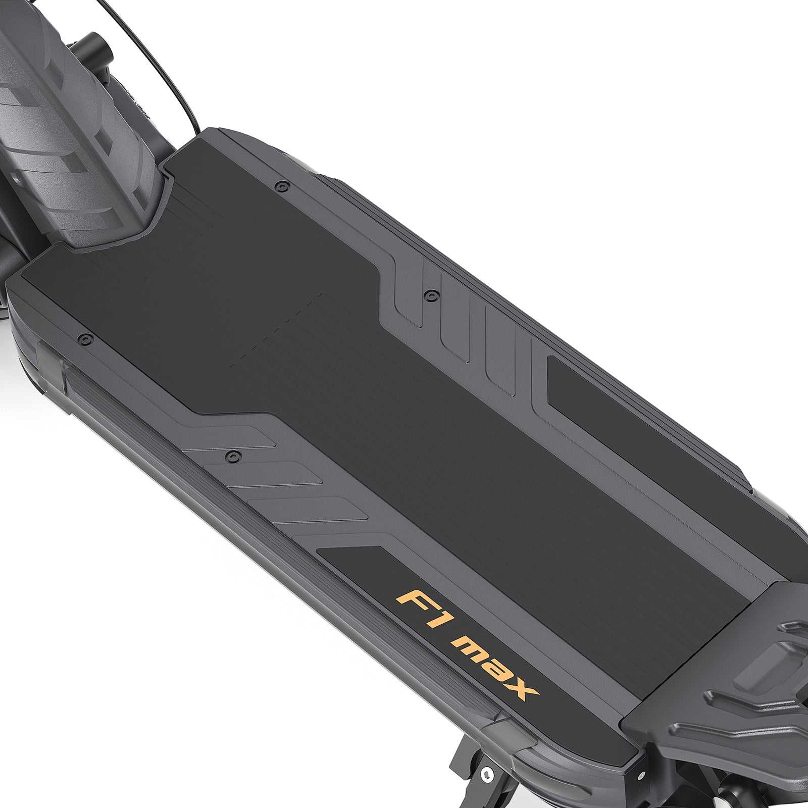 Close-up of the black Ausom F1 Max electric scooter deck with logo and tire detail