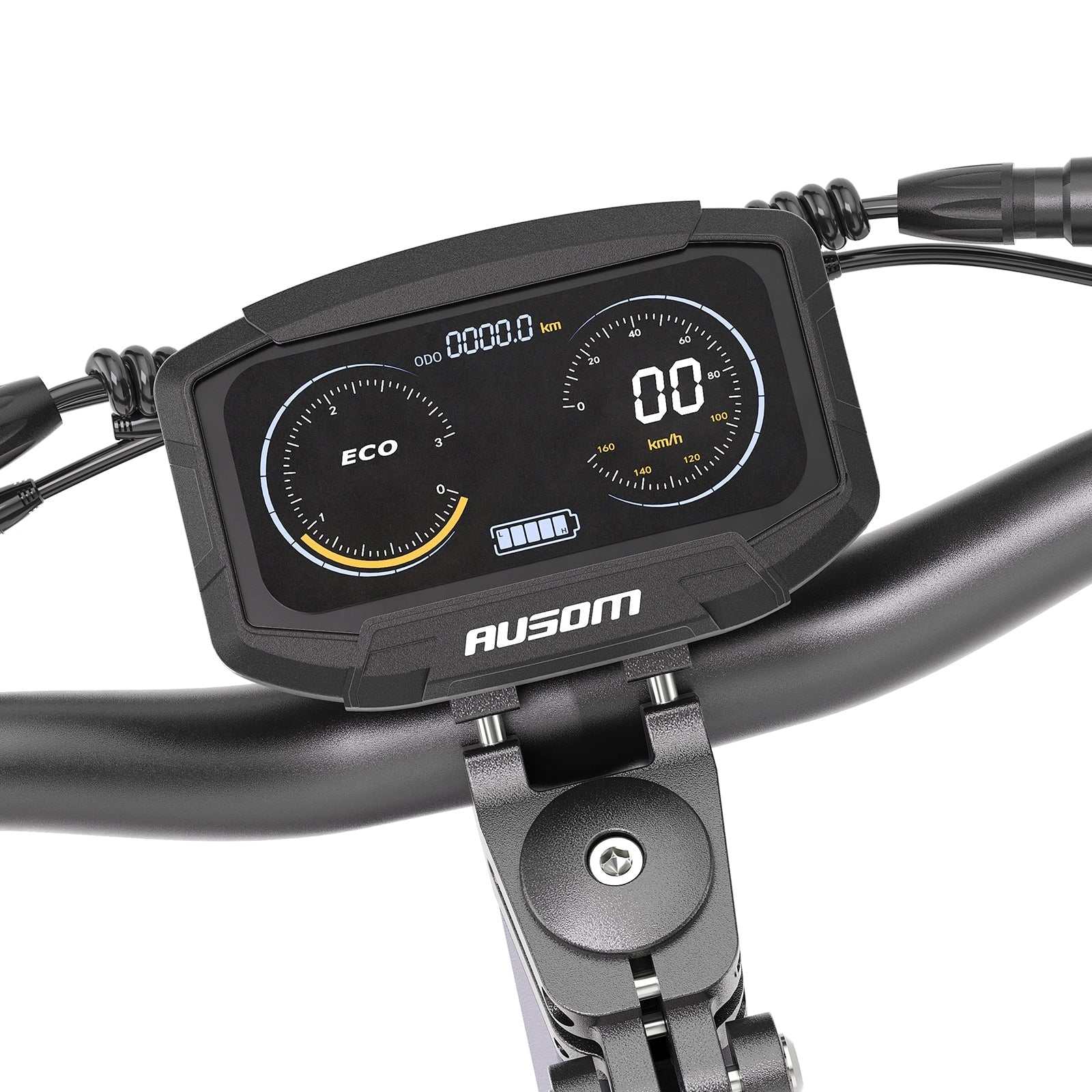 Digital display panel on Ausom F1 Max electric scooter handlebars showing speed, battery, and mode indicators.