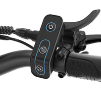 Close-up of Ausom F1 Max Trottinette électrique handlebar control panel with power and speed adjustment buttons