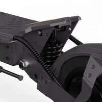 Close-up of Ausom L1 electric scooter rear suspension with 10-inch tubeless rubber tire and sturdy black frame