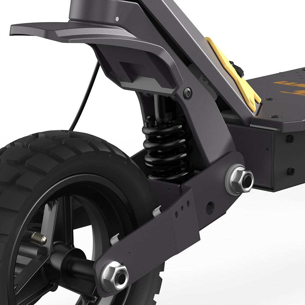Close-up of Ausom L1 electric scooter rear suspension and 10-inch tubeless tire with black frame and yellow accents.