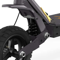 Close-up of Ausom L1 electric scooter rear suspension and 10-inch tubeless tire with black frame and yellow accents.