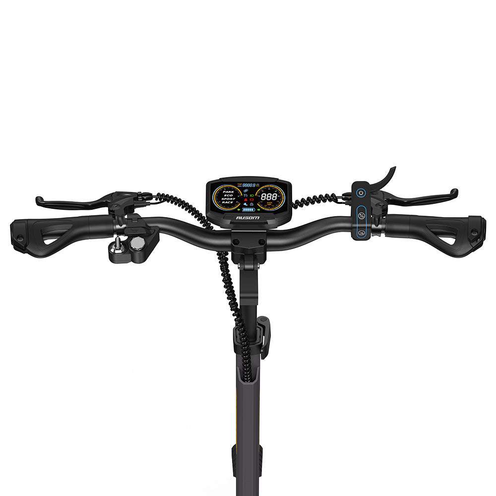 Handlebar view of Ausom L1 Trottinette électrique electric scooter with digital display and control buttons