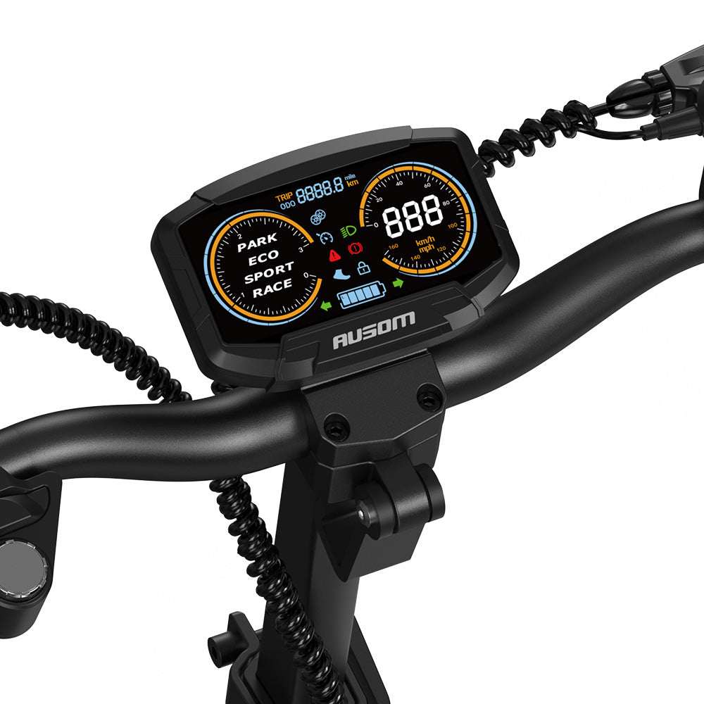 Digital display panel of Ausom L1 trottinette électrique electric scooter handlebars showing speed and riding modes