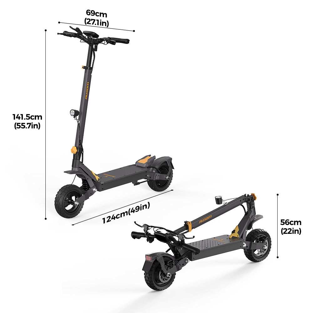 Ausom L1 Trottinette électrique electric scooter with 48V 15.6Ah battery, 800W brushless motor, 44 miles range, 28 mph top speed, and 10"x2.75" tubeless rubber tires.