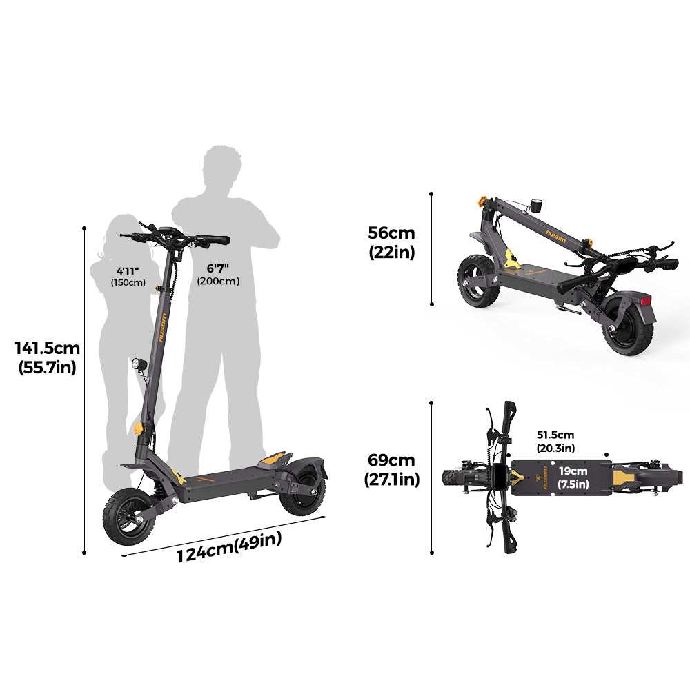Ausom L1 Trottinette électrique electric scooter with 48V battery, 800W motor, 44-mile range, 28 mph speed, and foldable design with dimensions.