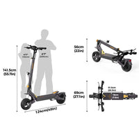 Ausom L1 Trottinette électrique electric scooter with 48V battery, 800W motor, 44-mile range, 28 mph speed, and foldable design with dimensions.