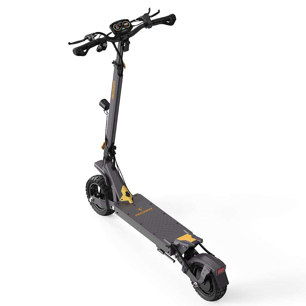 Ausom L1 electric scooter with 48V 15.6Ah battery, 800W brushless motor, 44 miles range, 28 mph max speed, and 10x2.75 inch tubeless rubber tires.