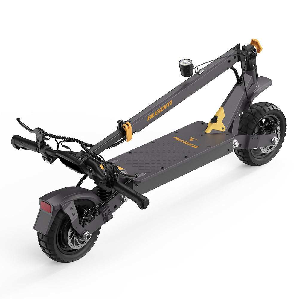 Folded Ausom L1 electric scooter with 48V battery, 800W motor, 10-inch tubeless tires, and 44-mile range.
