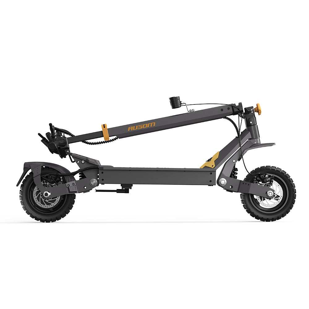 Folded Ausom L1 electric scooter with 48V battery, 800W motor, 44-mile range, and tubeless rubber tires