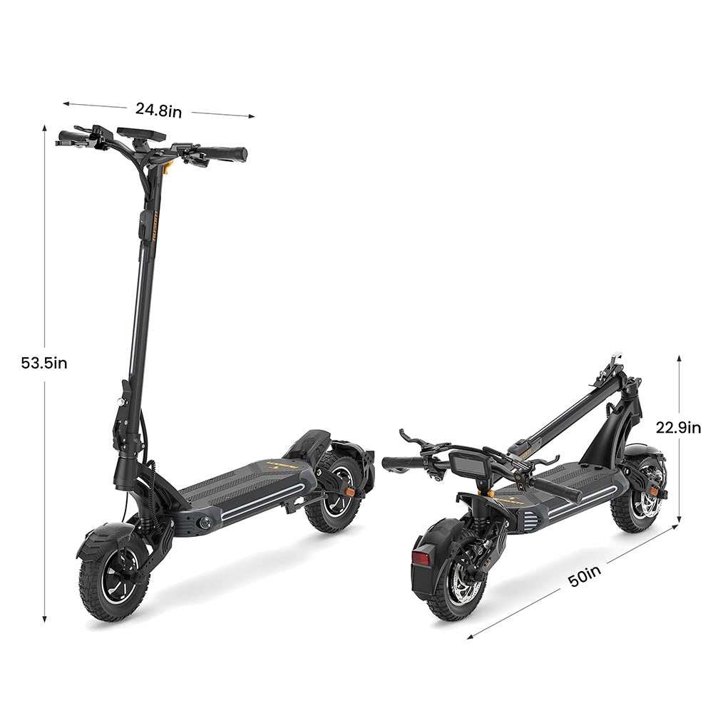 Ausom SR1 Trottinette électrique electric scooter with 52V 20.8Ah battery, dual 1000W brushless motors, 54-59 miles range, 41 mph max speed, and 10"x3" pneumatic tires shown folded and unfolded with dimensions.