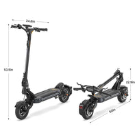 Ausom SR1 Trottinette électrique electric scooter with 52V 20.8Ah battery, dual 1000W brushless motors, 54-59 miles range, 41 mph max speed, and 10"x3" pneumatic tires shown folded and unfolded with dimensions.